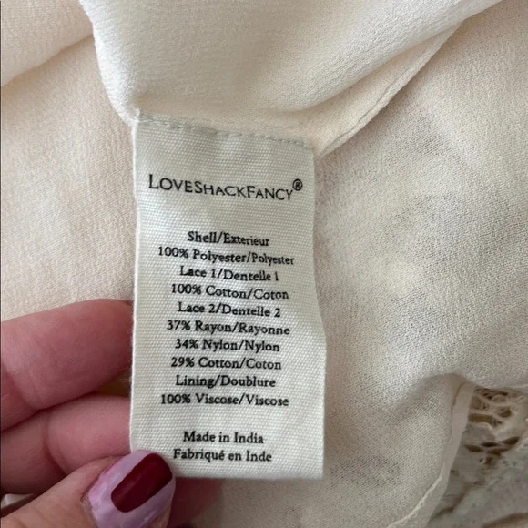 LoveShackFancy Ibis Beaded Ruffle V Plunge Lace Overlay Dress in Magnolia Tea - Picture 12 of 16